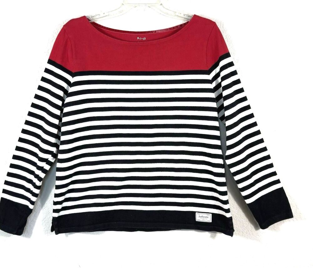 Talbots Authentic Red White Black Striped Boatneck Long  Sleeve Cotton Top Large